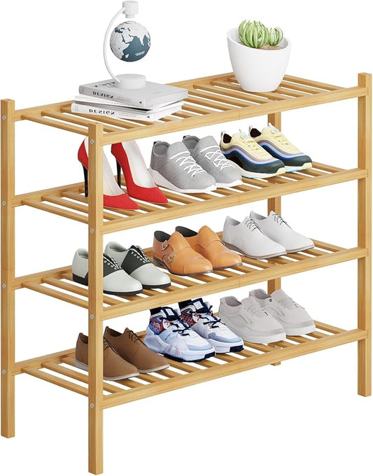 4 Tier Bamboo Shoe Rack Storage Organizer for Closet, Multifunctional Stackable Free Standing Shoe Shelf Organizer for Small Space,Entryway,Hallway,Bathroom 27"x11"x26"(Natural, 4 Tier)