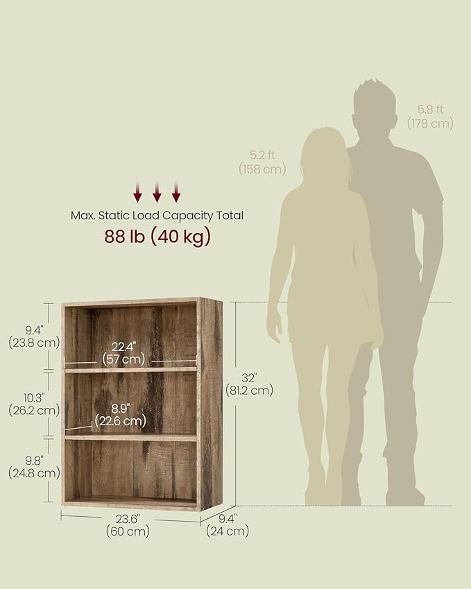 VASAGLE Custos Collection - Bookshelf, 3-Tier Bookcase, Book Shelf, Open Storage Shelf, 9.4 x 23.6 x 32 Inches, for Living Room, Home Office, Dinning Room, Camel Brown ULBC163L01