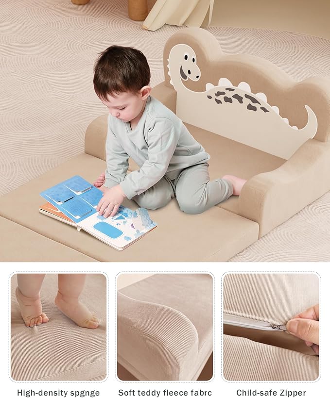 2-in-1 Kids Couch Fold Out, Convertible Toddler Couch to Lounger, Toddler Chair Comfy, Kids Sofa for Girls and Boys, Gift for Birthday, Children's Day, Dinosaur Beige
