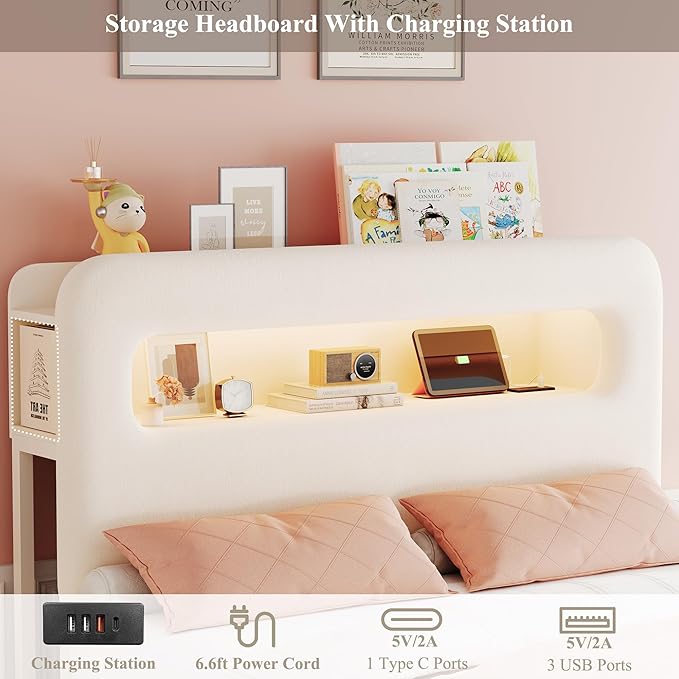 HOSTACK Full LED Bed Frame with Storage Headboard and Charging Station, Kids Bed Frame with 4 Drawers and USB Ports, Velvet Upholstered Platform Bed Frame with Bookcase, No Box Spring Needed, Cream