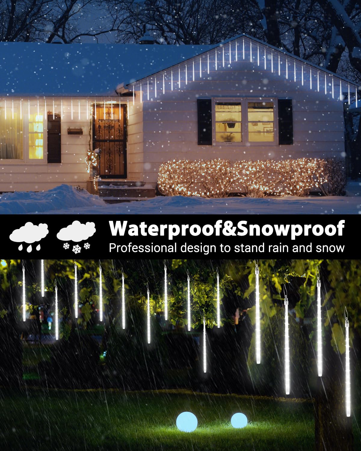 Cool White 20 Tubes Meteor Shower Icicle Lights 480 LED Raindrop Lights with Timer Function Cascading Falling Rain Light for Holiday Party Christmas Decorations