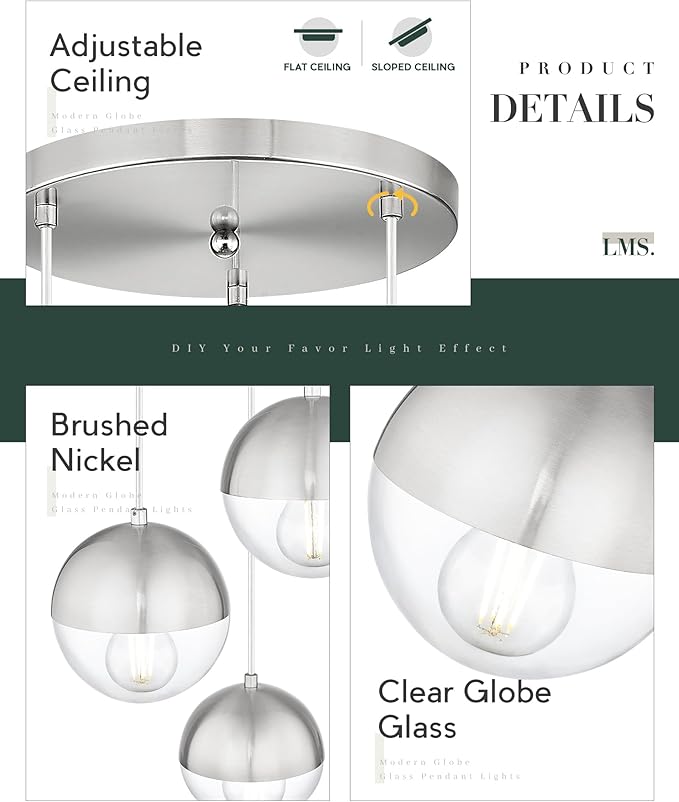 LMS Modern Brushed Nickel 3-Light Cluster Pendant Lights, Mid Century Pendant Lighting with Clear Globe Glass Shade, Adjustable Hanging Cord Ceiling Light for Bathroom Dining Room, LMS-186BNC3