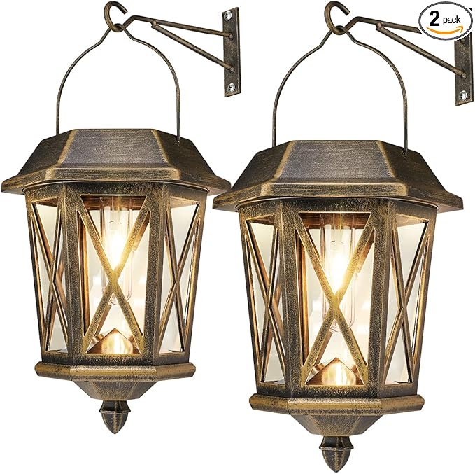 Solar Lantern Outdoor Waterproof, Metal Solar Lights Outdoor with Clear Glass, LED Solar Powered Lights Wall Mount for Yard Garden Wall Outdoor, Bronze - 2 Pack