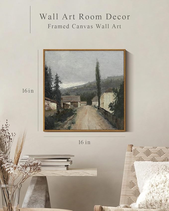 InSimSea Square Framed Canvas Wall Art, Vintage Village Paintings, Rustic Scenery Wall Pictures for Bedroom Bathroom Living Room, Canvas Prints Artwork, Home Retro Decor 16"x16"