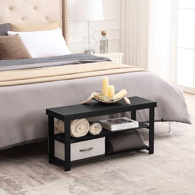 Apicizon Bamboo Shoe Rack for Entryway, 3-Tier Shoe Rack Bench for Front Indoor Entrance, Small Shoe Organizer with Storage, 35.4 Inches, Black