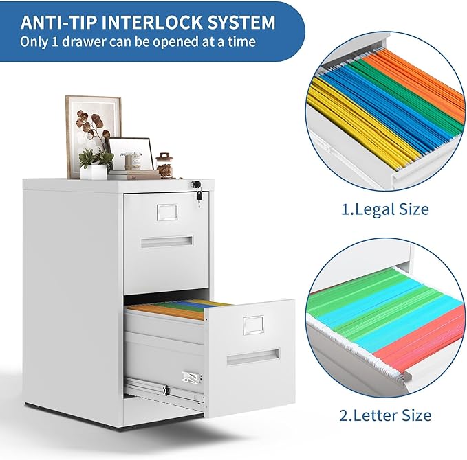 2 Drawer File Cabinet with Lock, Metal Filing Cabinets for Home Office, Vertical Narrow File Cabinet Lockable Steel Storage Cabinets for Letter/Legal/F4/A4 Size, Assembly Required(White)