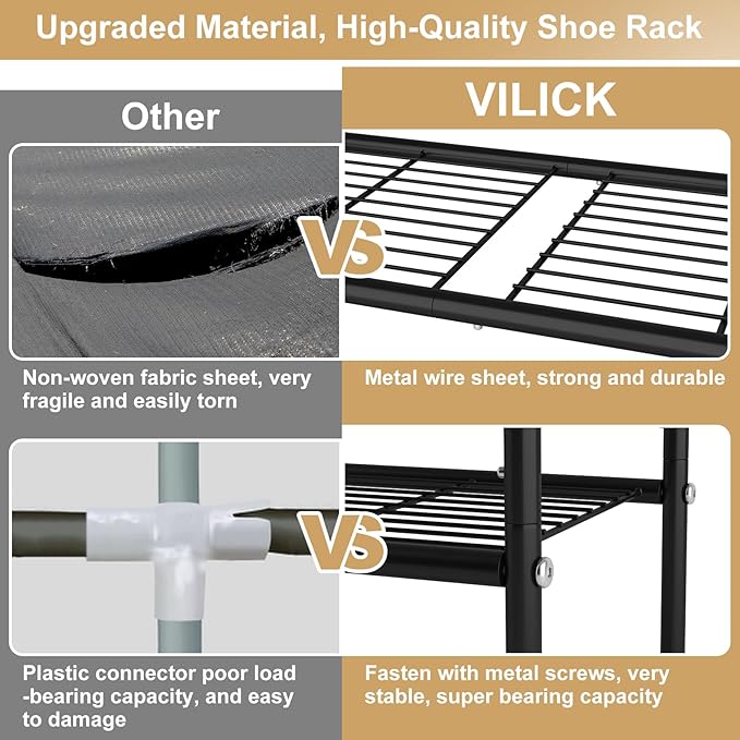 3 Tier Shoe Rack 33" Wide Metal Shoe Organizer Long Shoe Storage with 4 Side Hooks Sturdy Shoes Shelf for Front Door Entrance, Closet, Garage, Dorm, Black