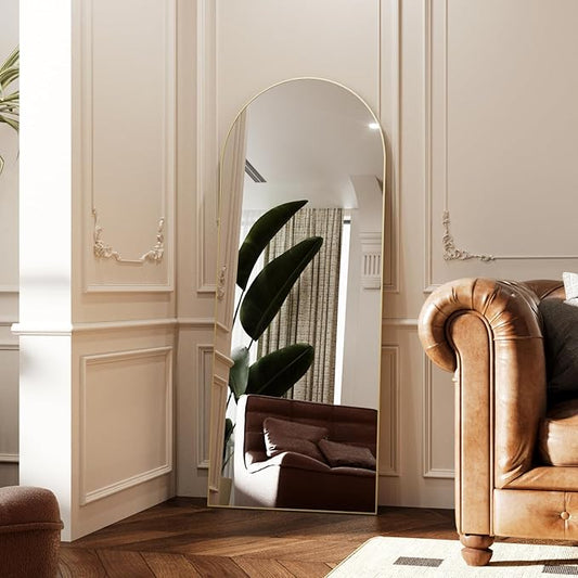 Arched Full Length Mirror 71"x28", Gold Tempered Glass Wall Hanging Mounted Body Length Mirrors with Stand, Large Floor Aluminum Alloy Thin Frame