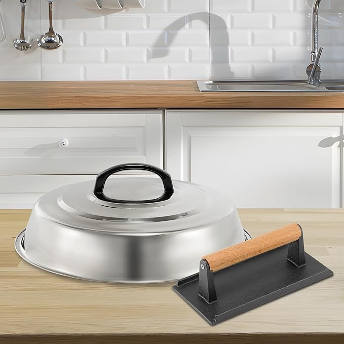 BBQ Accessories 12 Inch Round Stainless Steel Basting Cover - Cheese Melting Dome Rectangle Cast Iron Grill Press Kit for Hamburger Bacon Steak, Best for Blackstone Camp Chef Flat Top Griddle Grill