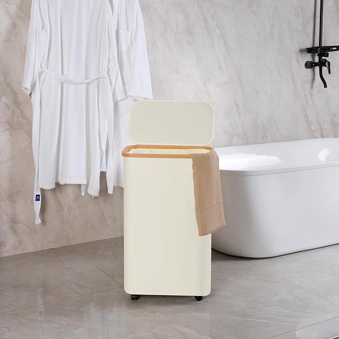 efluky Slim Laundry Basket with Wheels, Narrow Rolling Laundry Hamper with Lid and Removable Bag, Aesthetic Dirty Clothes Hamper on Wheels for Laundry Room, Bedroom, Dorm and Bathroom, 75L Beige