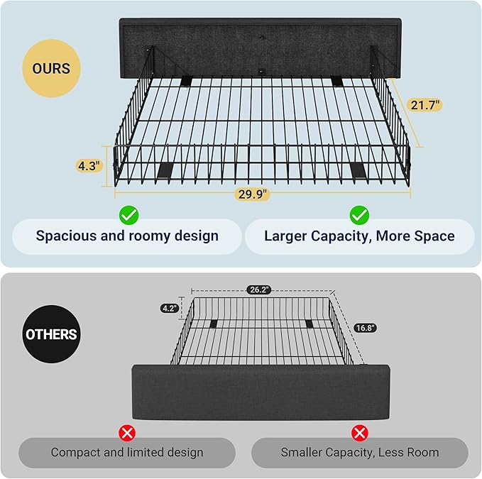 Allewie Upholstered Queen Size Platform Bed Frame with 4 Storage Drawers and Headboard, Square Stitched Button Tufted, Mattress Foundation with Wooden Slats Support, No Box Spring Needed, Dark Grey