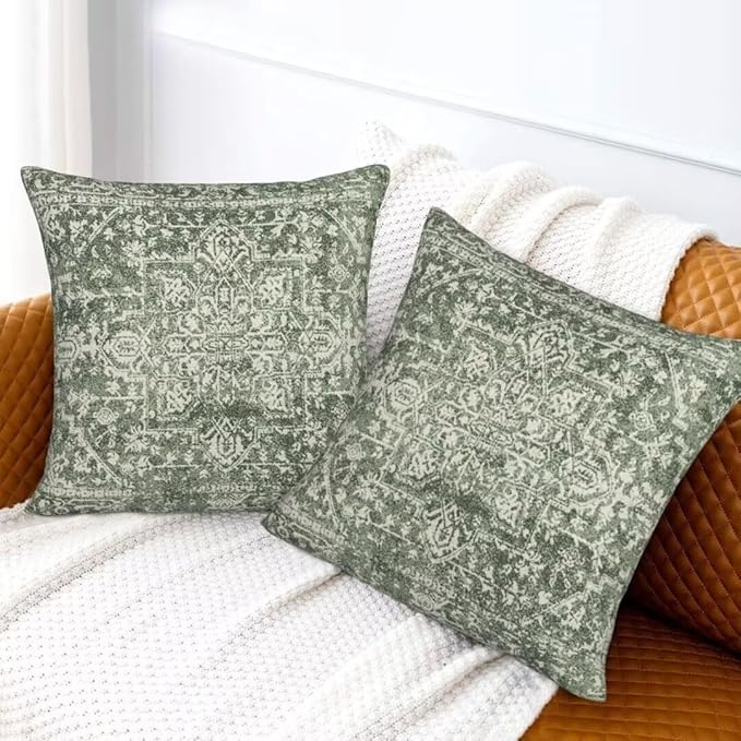 Sage Green Boho Pillow Covers 20 x 20 Inch Set of 2, Bohemian Carpet Pattern Decorative Throw Pillows Ethnic Vintage Farmhouse Pillow Cases Linen Gifts for Couch Sofa Outdoor Decor