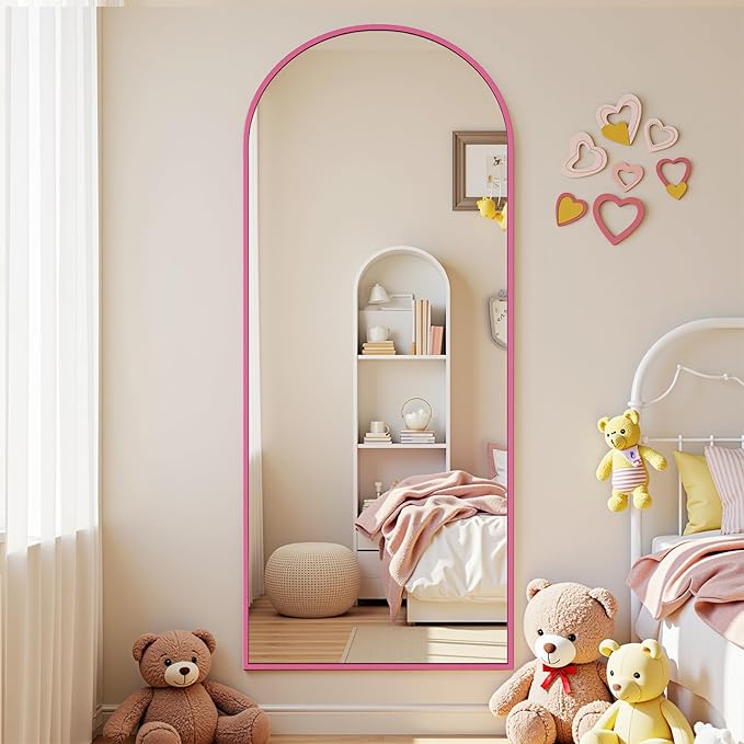 Full Length Mirror with Stand, 58"x18" Arched Full Body Mirror, Large Stand Up Aluminum Frame Floor Freestanding Hanging Leaning Mounted for Bedroom Living Room Entryway Pink