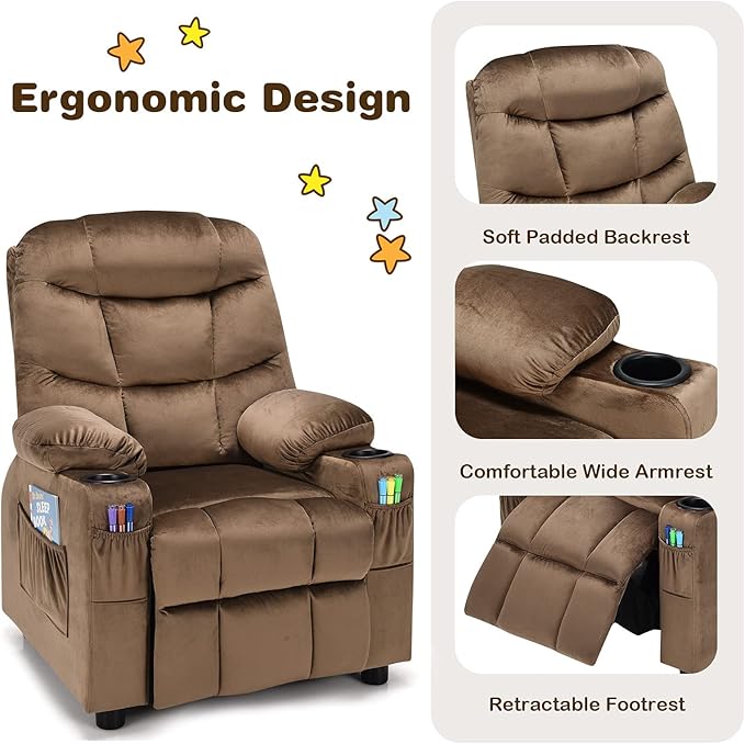 Costzon Kids Recliner Chair with Cup Holder, Adjustable Velvet Lounge Chair w/Footrest & Side Pockets for Children Boys Girls Room, Ergonomic Toddler Furniture Sofa, Kids Recliner (Brown)