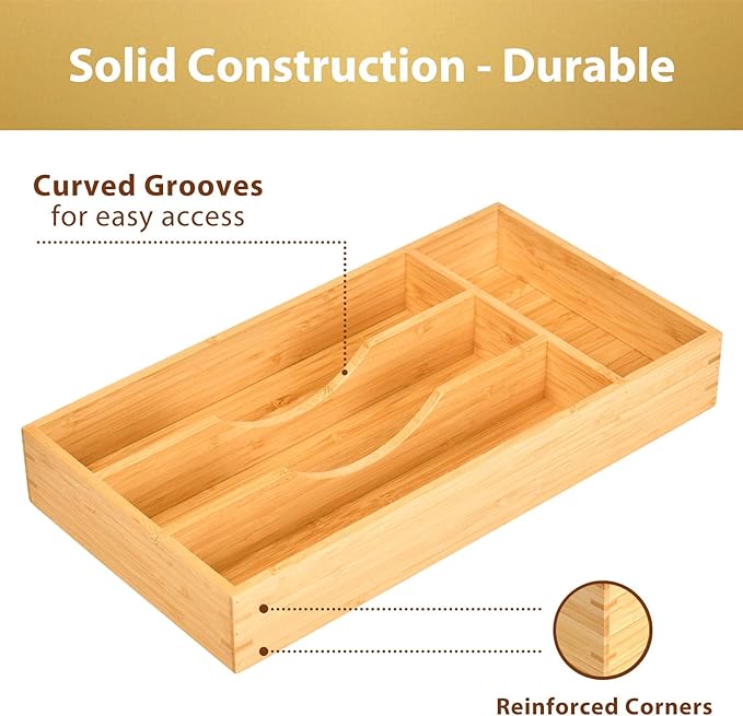 Umilife Bamboo Kitchen Drawer Organizer, 7 Inch Silverware Utensils Tray Holder for Small Drawer, Wood Caddy for Flatware Cutlery Knives