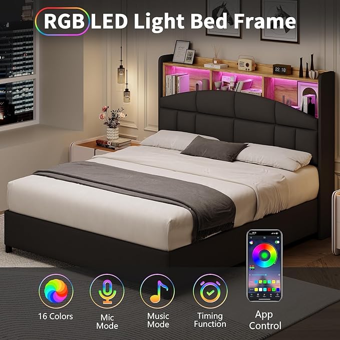 Full Size Bed Frame with Headboard, Velvet Upholstered Bed Frame with LED Lights, Full Size Platform Bed with Wooden Slats Support, No Box Spring Needed, No Noise, Black