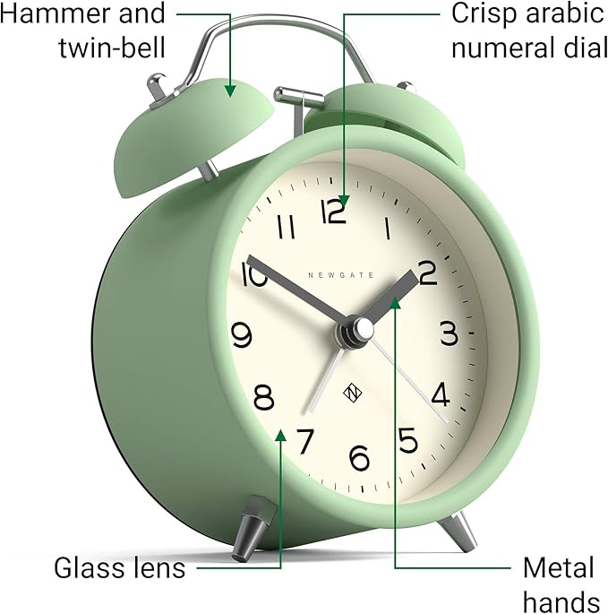 NEWGATE® Charlie Bell Echo Alarm Clock | Modern take on Classic Twin Bell Clock | Neo Mint | Easy to Read Numbers | Ideal for Bedside, Desk or Shelf | Modern Retro Bedroom & Office Accessory