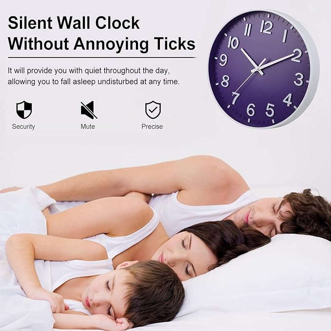 HZDHCLH Purple Wall Clocks Battery Operated,12 inch Silent Non Ticking Modern Wall Clock for Living Room Bedroom Kitchen Office Classroom Decor