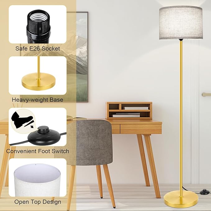 65‘’ Gold Floor Lamp with 3-Color Temperatures LED Bulb, Modern Industrial Tall light for Living Room, Minimalist Standing Lamp with Foot Switch, Gold Stand Lamp for Bedroom Office Nursery, E26 Base