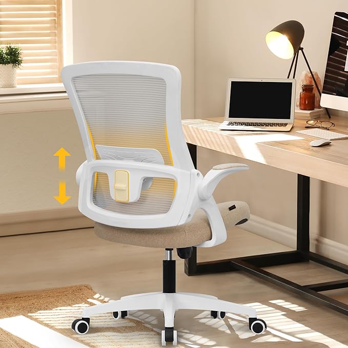 NEO CHAIR Office Desk Chair Computer High Back Mesh Gaming Seat with Ergonomic Adjustable Comfy Flip-up Armrests Lumbar Support Height for Home (Beige)