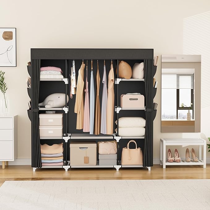 VTRIN Portable Closet Wardrobe for Hanging Clothes 57.3 Inch Large Capacity Clothes Rack with Cover, 10 Storage Organizer Shelves, 1 Hanging Rods and 6 Pockets, Free Standing Closet for Bedroom, Black