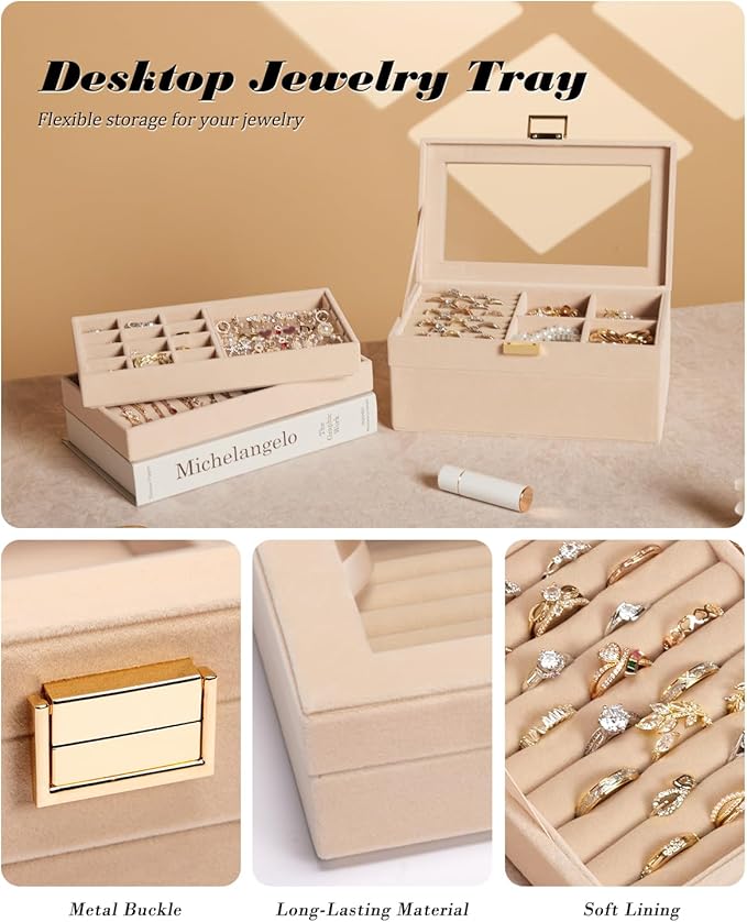 Homde Jewelry Tray Stackable Jewelry Box Drawer Organizer with Glass Lid, Removable Dividers for Vanity Table Gift Idea for Girls and Women(Apricot)