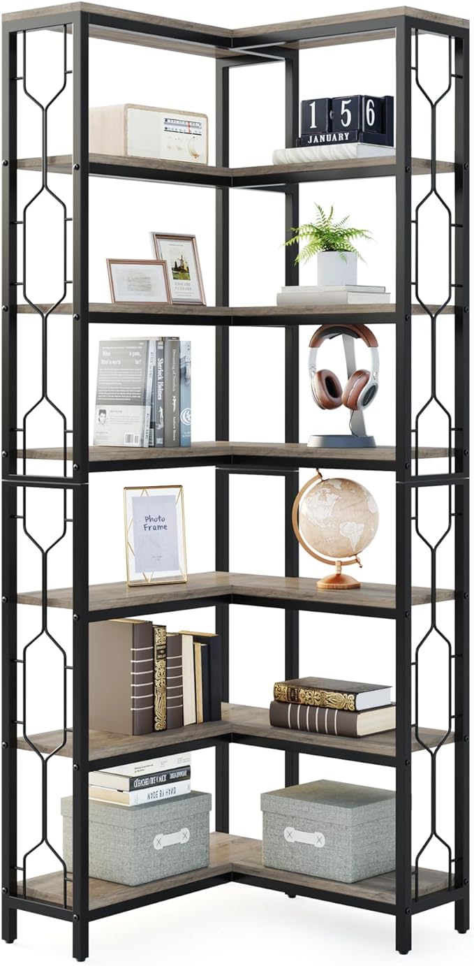 Tribesigns Corner Shelf, 7-Tier Industrial Corner Bookshelf, Wood and Metal Corner Etagere Bookcase, Freestanding Display Shelf for Living Room, Kitchen, Home Office, Gray