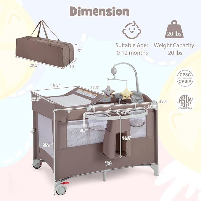 BABY JOY 5-in-1 Pack and Play, Portable Baby Bedside Sleeper with Bassinet, U-Shaped Diaper Changer, Safety Strap, Side Zipper Entrance, Bedside Crib Playard from Newborn to Toddlers (Coffee)