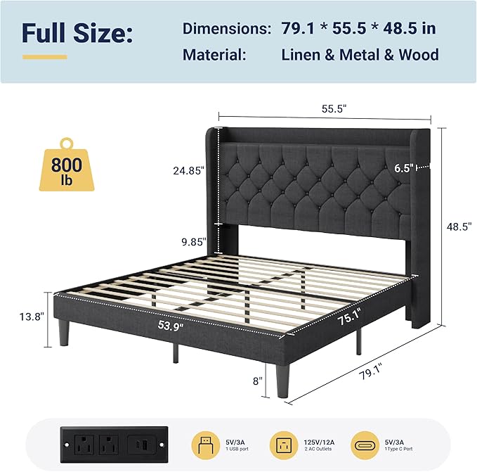 Allewie Full Size Bed Frame, Storage Headboard with Charging Station, Wingback Linen Upholstered, Diamond Stitched Button Tufted, Sturdy Wooden Slats, No Box Spring Needed, Easy Assembly, Dark Grey