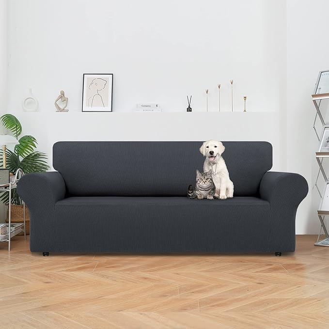 LURKA Stretch Sofa Slipcovers 1 Piece Couch Covers for 3 Cushion Couch Sofa Furniture Protector Full Sofa Covers with Elastic Bottom for Kids and Dog (Dark Grey, Large)