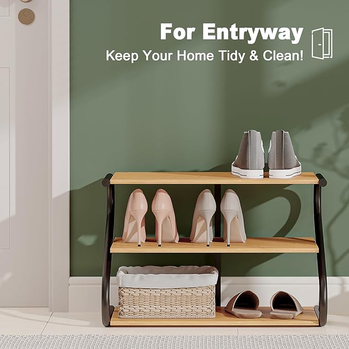 Bamboo Shoe Rack, Z-Frame Wooden 3-Tier Shelf with Durable Metal Shelves, Shoe Organizer for High Heels, Hallway, Living Room, Closet, Bedroom (Natural)