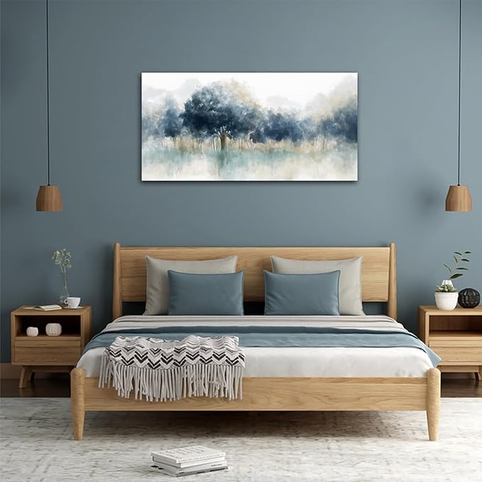 yearainn Foggy Forest Wall Art - Indigo Blue Abstract Trees Canvas Pictures for Wall Decor Nature Canvas Painting Modern Printing Artwork for Living Room Bedroom Home Office Wall Decoration 29" x 58"