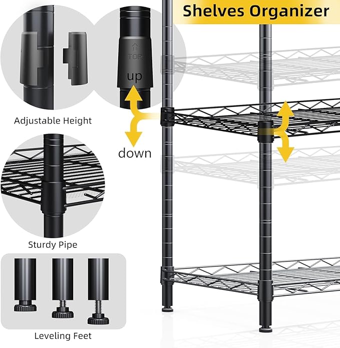 4 Tier Shelves Storage, Wire Shelf Unit, Standing Adjustable Metal Shelves Organizer, Storage Racks for Restaurant Garage Pantry Kitchen Garage(21.2 '' x 11.4" x 43.3 ")