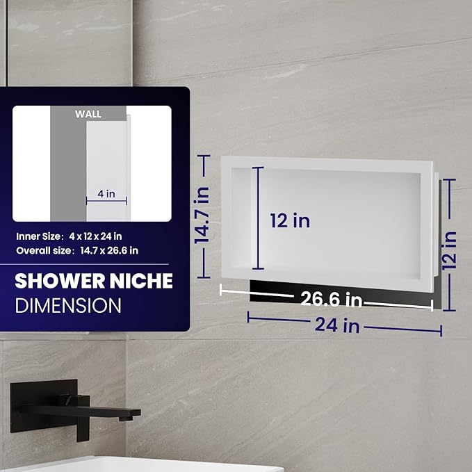 Stainless Steel Shower Niche 12" X 24"，Single Shelf Niches Bathroom Shelf Recessed Wall Niche No Tile Needed Shower Shelf for Bathroom Storage (White, 12 x 24)
