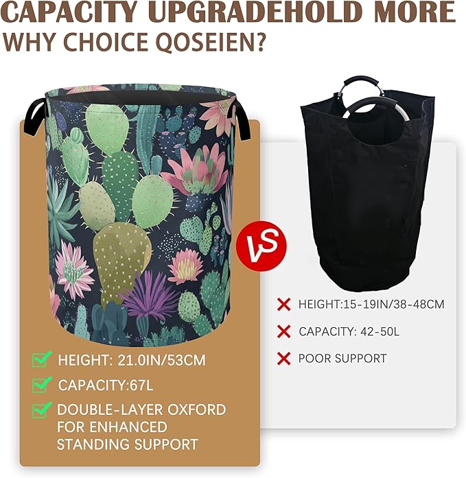 Blooming Cactuses Laundry Hamper,Collapsible Laundry Baskets,Tropical Succulents Dirty Clothes Baskets with Handles,Oxford Cloth Hamper for Bedroom,Bathroom,College Dorms, 16"x20"