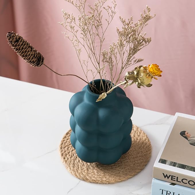 Ceramic Vase, Modern Dried Flower Vase, Blue Teal Vase with Raised Dots, Boho Home Decor for Centerpiece Wedding Dinner Table Party Living Room Office Bedroom, Housewarming Gift