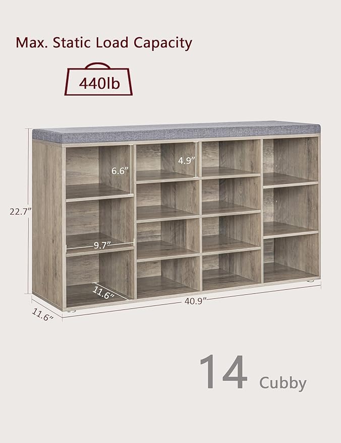 DINZI LVJ Shoe Storage Bench with Cushion, 14-Cubby Shoe Rack, Adjustable Shelves, Multifunctional Shoe Organizer Bench for Entryway, Mudroom, Hallway, Living Room, Bedroom and Garage, Greige