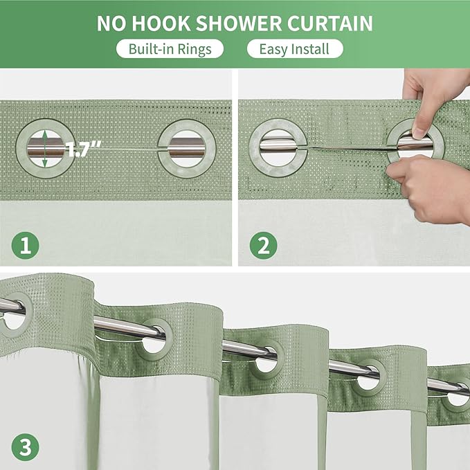 Stall No Hook Shower Curtain with Snap-in Fabric Liner Set,Waffle Weave Shower Curtains for Bathroom,Hotel Luxury Decor Bathroom Curtain Set,Waterproof & Washable,Sage Green,54Wx80H