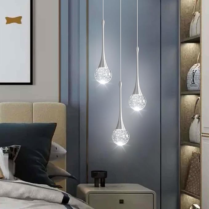 3-Lights Modern Pendant Lights for Kitchen Island LED Dimmable Crystal Glam Ceiling Pendant Lighting Chandelier for Dining Room Hallway Bedroom Corner Lamp Brushed Nickel