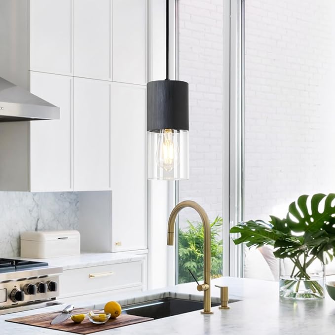 Black Pendant Light Fixtures, Adjustable Modern Pendant Lights for Kitchen Island, Industrial Clear Glass Pendant Lights for Dining Table Hallway Bedroom Living Room, 1 Pack