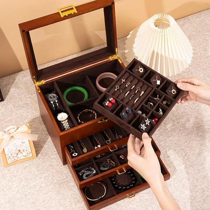 Bescott 5 Layer Solid Wooden Jewelry Box with Lock and Key for Women Men Vintage Velvet Wood Jewelry Organizer Storage for Earrings Rings Necklaces Bracelet Watch Mother’s Day Gift