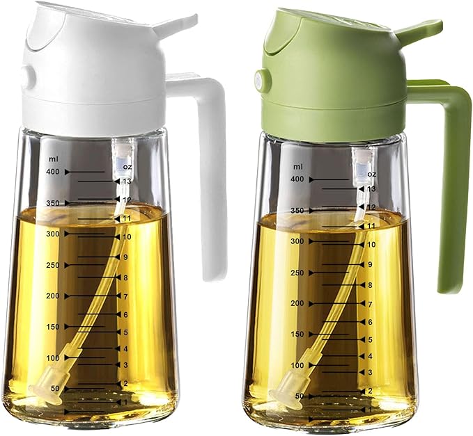 TrendPlain 16oz/470ml Glass Olive Oil Sprayer for Cooking – 2 in 1 Olive Oil Dispenser Bottle for Kitchen Gadgets and Air Fryer Accessories, Salad, BBQ - White & Green