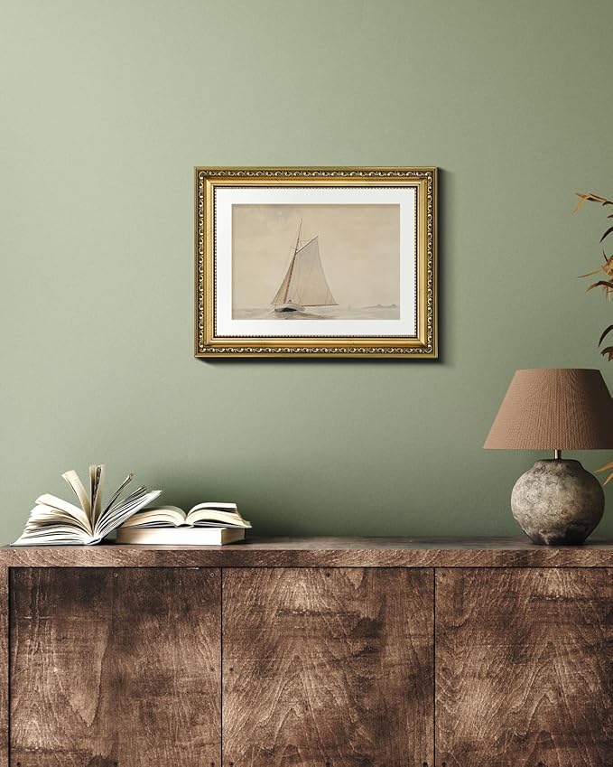 VIYYIEA Gold Framed Wall Art Canvas Print Home Decor for Living Room White Sailboat Seascape Watercolor Vintage Beach Painting on Canvas - Coastal Wall Art Prints for Bedroom Office Bathroom 11x14in