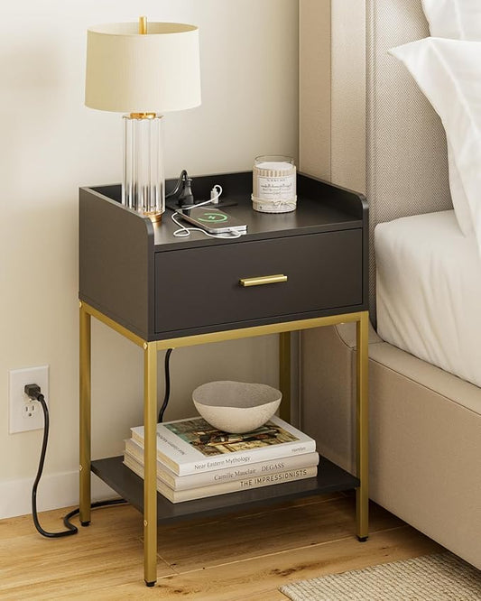 Nightstand with Charging Station,3-Tier Bedside Table for Small Space,Modern Night Stand with Storage Drawer and Shelf,Small Side Table for Bedroom,Living Room,Black