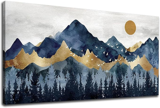 Abstract Nordic Canvas Wall Art - Indigo Blue and Brown Mountain Forest Picture Wall Decor Sun Birds Canvas Painting Nature Landscape Prints Artwork for Living Room Bedroom Decoration 20" x 40"