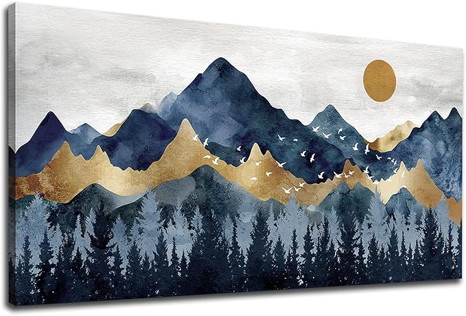 Abstract Nordic Canvas Wall Art - Indigo Blue and Brown Mountain Forest Picture Wall Decor Sun Birds Canvas Painting Nature Landscape Prints Artwork for Living Room Bedroom Decoration 29" x 58"