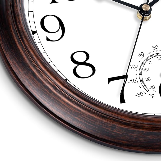 8.5 Inch Outdoor Wall Clock with Thermometers, Vintage Silent Wall Clocks Battery Operated, Retro Non-Ticking Clock Decorative for Living Room, Patio, Kitchen, Office, Bathroom, Bedroom(Bronze)