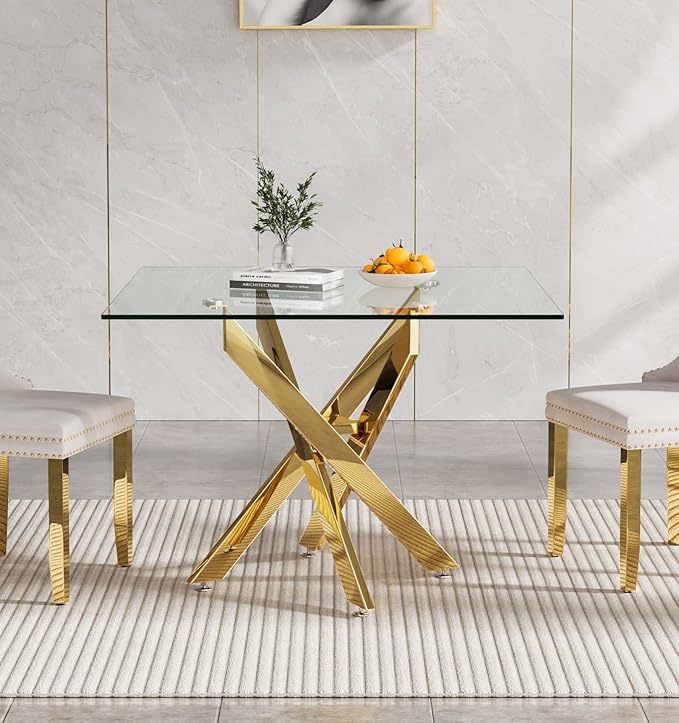 Henf 36'' Tempered Glass Dining Table for 2-4 People, Square Kitchen Table with Gold X-Base Metal Legs, Adjustable Feet, Glass Desk for Small Space, Gold Square Dining Room Table for 4