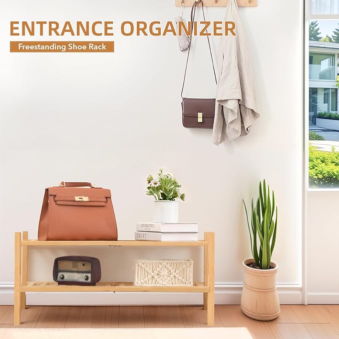 2 Tier Bamboo Shoe Rack Storage Organizer for Closet, Multifunctional Stackable Free Standing Shoe Shelf Organizer for Small Space,Entryway,Hallway,Bathroom 27"x11"x13"(Natural, 2 Tier)