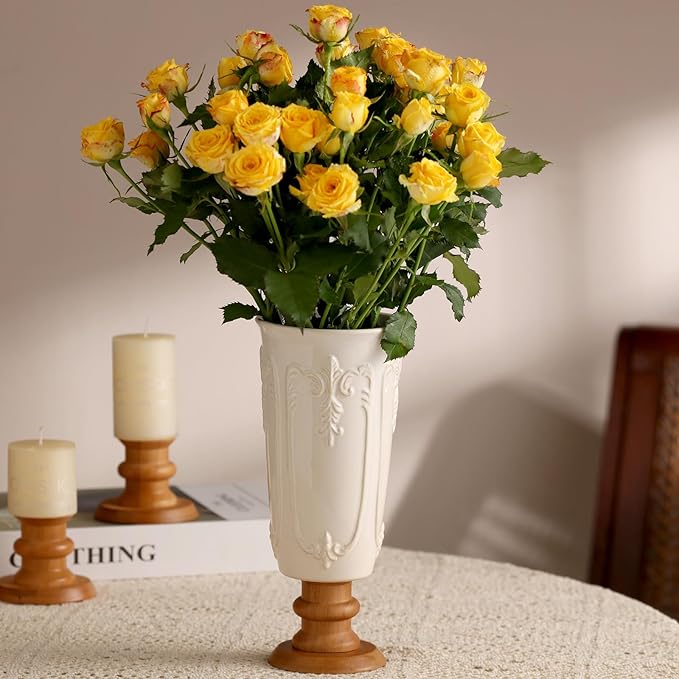 hjn White Cermaic Vase for Flowers Vintage Vase with Wooden Base for Your Home Decor/Table/Kitchen/Office/Living Room-White (French Flower Pattern)